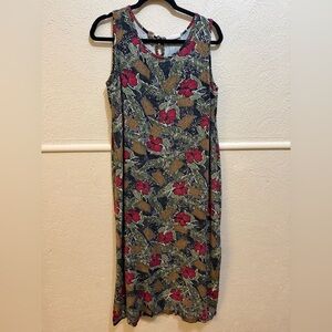 Marsh Landing Vintage 90s Hawaiian Print Cotton Midi Dress Large Side Slits